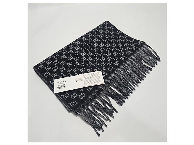 Gucci Sciarpa GG in lana e cashmere grigio chiaro con frange Marrone - vista 2