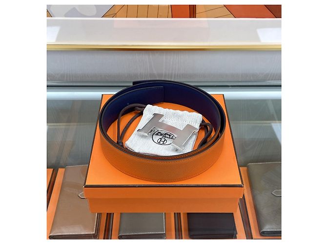 Hermès Reversible Men's Belt Navy/Orange Silver Blue - view 2