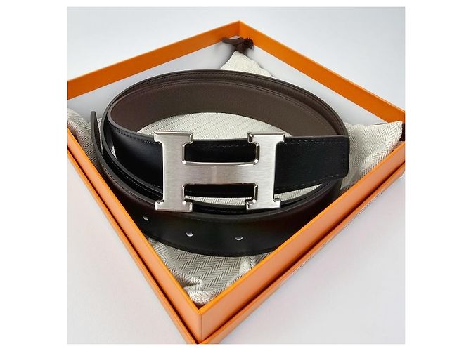 Hermès Reversible Buckle Black Chocolate Silver Matte Men's Leather Belt Silvery - view 12