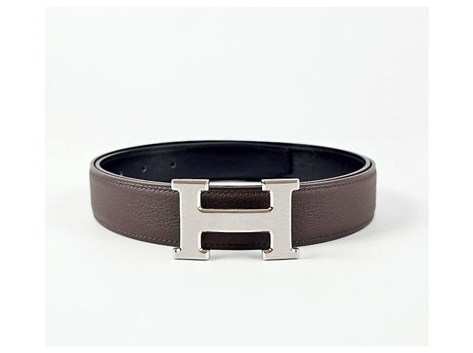 Hermès Reversible Buckle Black Chocolate Silver Matte Men's Leather Belt Silvery - view 6