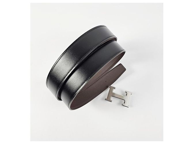 Hermès Reversible Buckle Black Chocolate Silver Matte Men's Leather Belt Silvery - view 7