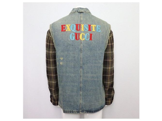 Gucci Check Sleeve Back Logo Lettering Men's Denim Jacket - view 4