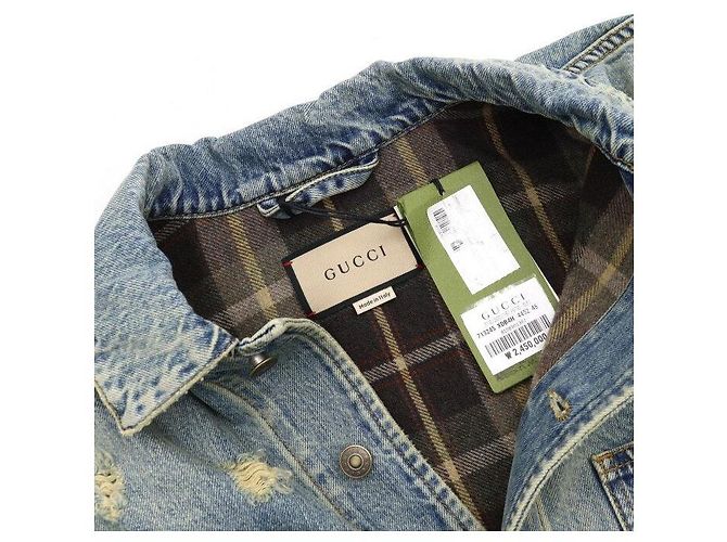 Gucci Check Sleeve Back Logo Lettering Men's Denim Jacket - view 5