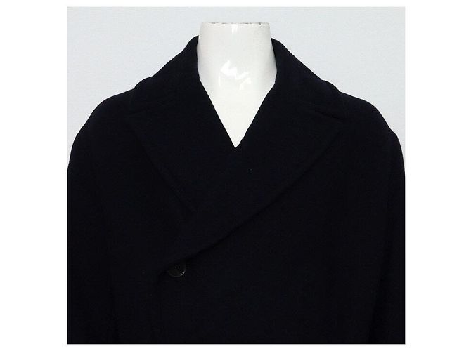 Hermès Doppelter Herren-Mantel aus Navy-Wolle mit schwarzem Lammfellfutter Blau - Ansicht 2