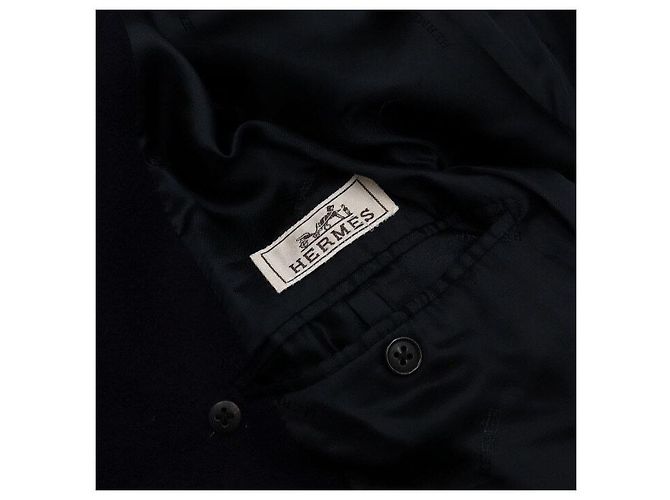 Hermès Doppelter Herren-Mantel aus Navy-Wolle mit schwarzem Lammfellfutter Blau - Ansicht 6