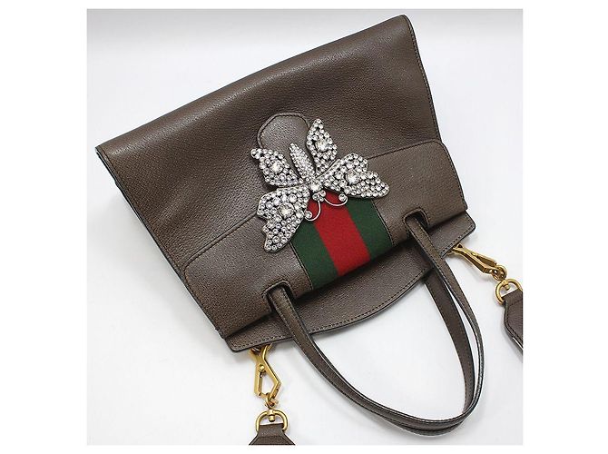 Gucci Borsa a mano e a spalla in pelle marrone con totem a farfalla di cristallo - vista 3