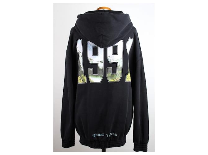 Off White Kapuzenpullover aus Fleece Schwarz - Ansicht 2