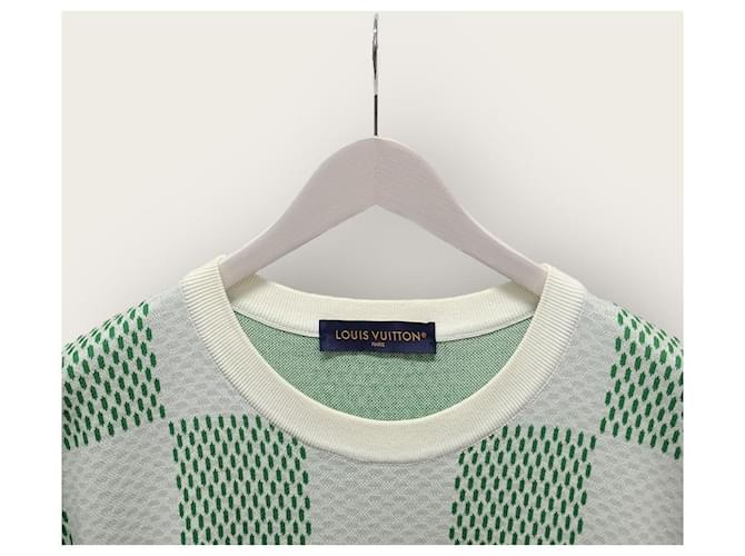 Louis Vuitton Crewneck-Strickpullover mit Damier-Ärmeln in Weiß-Grün - Ansicht 2