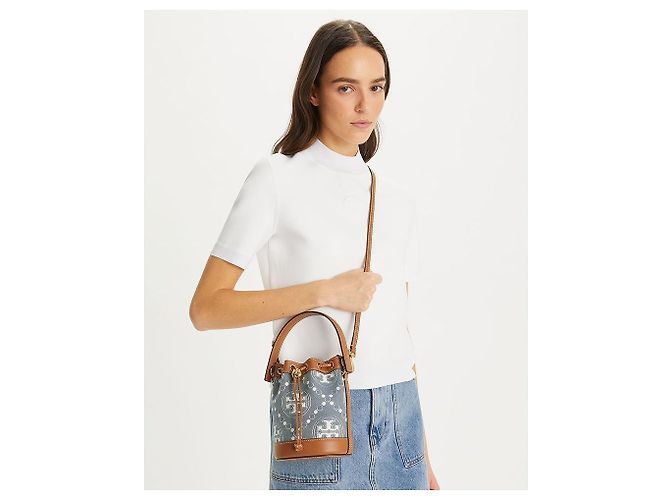 Tory Burch Borsa bucket Mini Monogram Denim rigenerata D'oro - vista 4