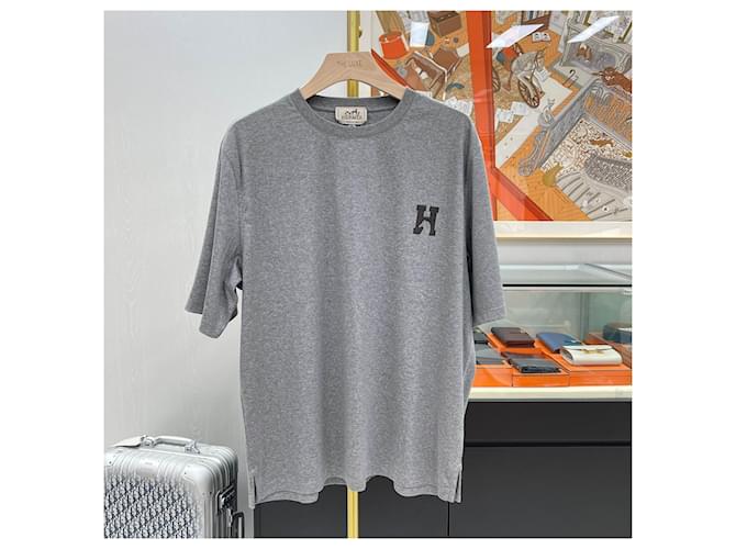 Hermès Cheval Leder Logo Crewneck T-Shirt Grau Braun - Ansicht 2