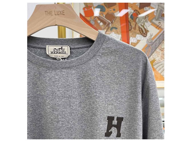 Hermès Cheval Leder Logo Crewneck T-Shirt Grau Braun - Ansicht 3