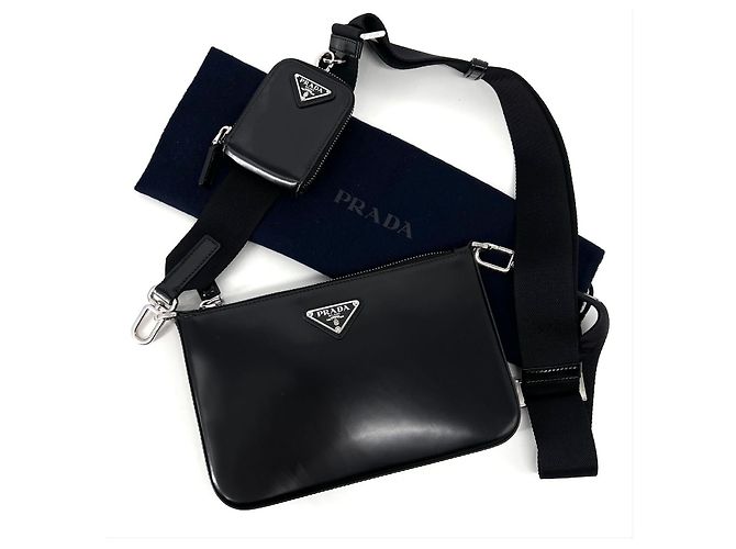 Prada Borsa a tracolla con logo triangolare spazzolato nero - vista 7