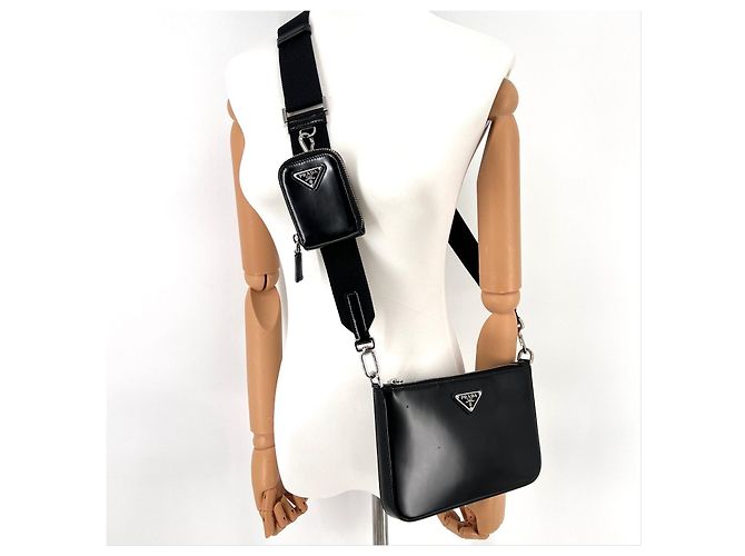 Prada Borsa a tracolla con logo triangolare spazzolato nero - vista 8