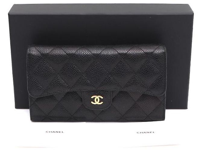 Chanel Portafoglio lungo da donna Black Caviar Gold CC Classic Flap Nero - vista 8