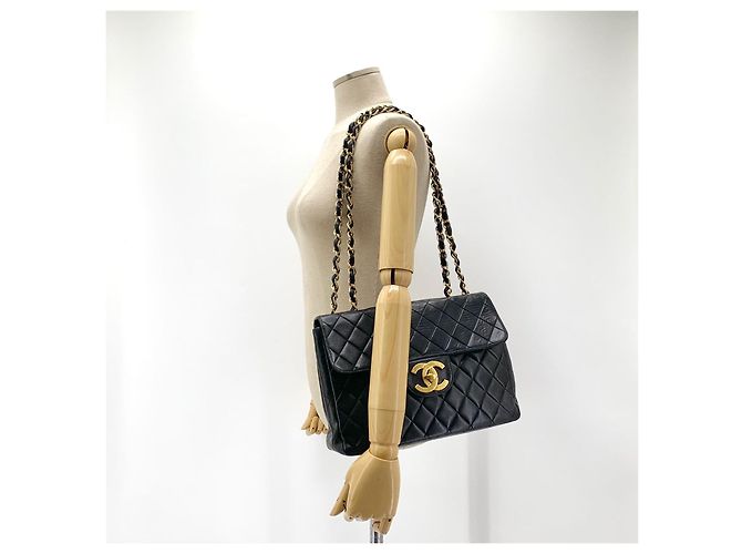 Chanel Borsa a tracolla Large Classic in agnello con logo Big CC Nero - vista 2