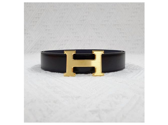 Hermès Buckle Reversible Black Navy Gold Matte Men's Leather Belt Blue - view 4