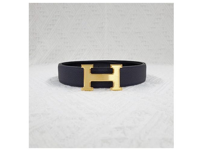 Hermès Buckle Reversible Black Navy Gold Matte Men's Leather Belt Blue - view 5