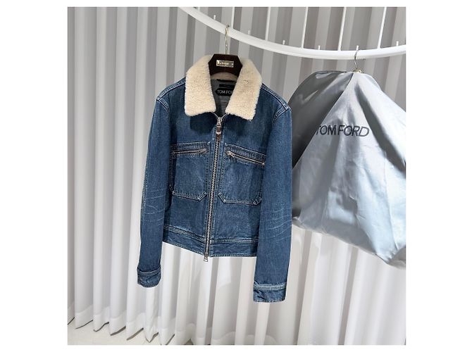Tom Ford Giacca bomber in denim blu con shearling - vista 2