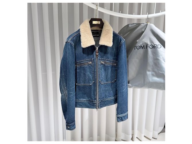Tom Ford Giacca bomber in denim blu con shearling - vista 3