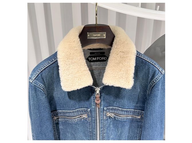 Tom Ford Giacca bomber in denim blu con shearling - vista 4