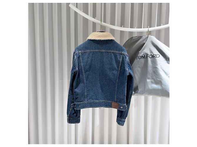 Tom Ford Giacca bomber in denim blu con shearling - vista 5