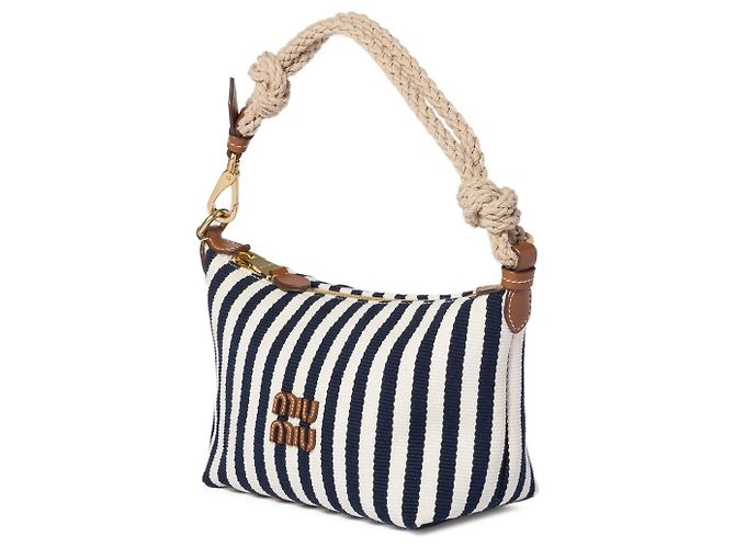 Miu Miu Pochette in cotone e pelle Blue Cognac - vista 3