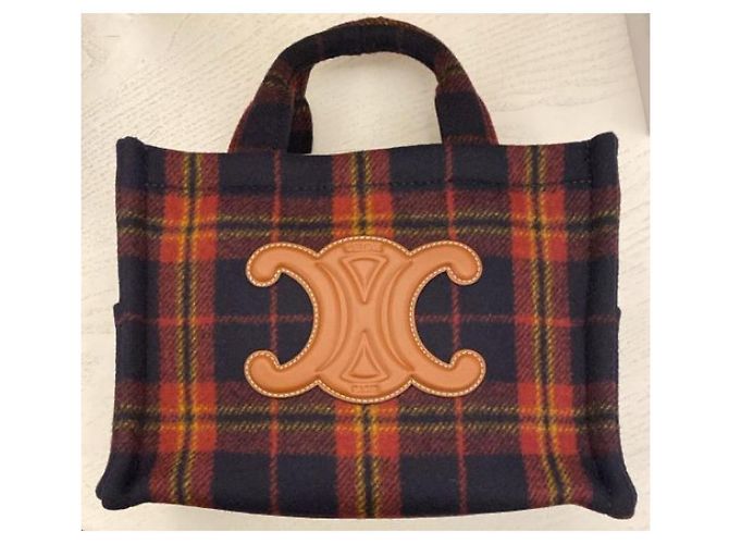 Céline Piccola Cabas in pelle di vitello con tessuto tartan Multicolore - vista 5