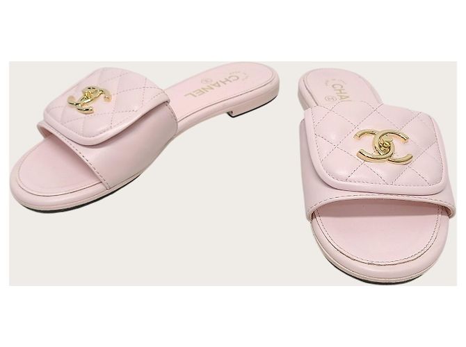Chanel Mule e pantofola trapuntata in agnello rosa con chiusura a vite dorata - vista 3