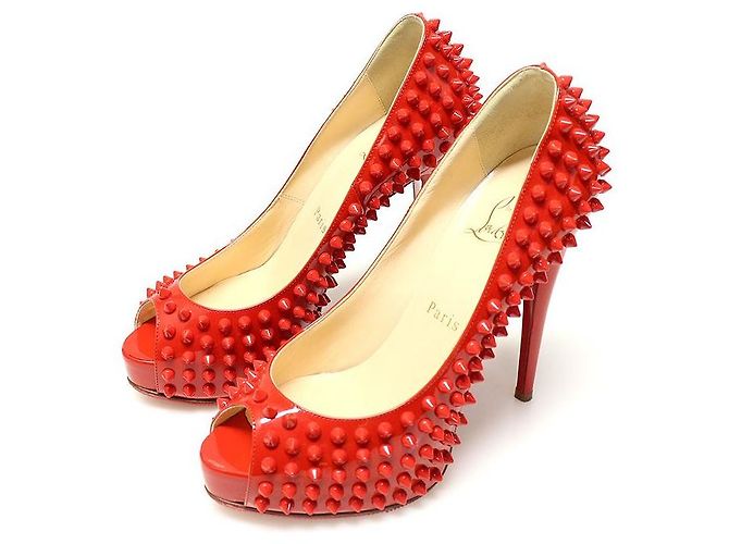 Christian Louboutin Scarpe Vendome con punta aperta e borchie per donna in vernice rossa Rosso - vista 3