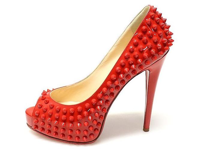 Christian Louboutin Scarpe Vendome con punta aperta e borchie per donna in vernice rossa Rosso - vista 4