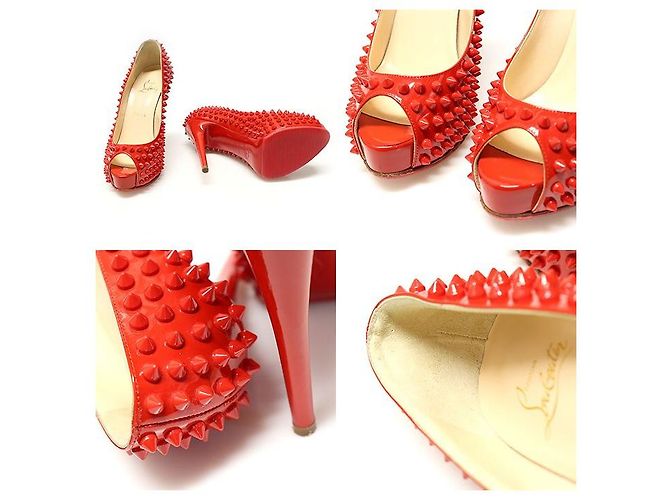 Christian Louboutin Scarpe Vendome con punta aperta e borchie per donna in vernice rossa Rosso - vista 6
