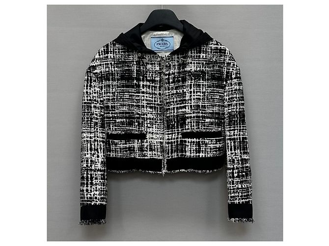 Prada Tweed-Kapuzenjacke mit Dreieckslogo vorne Braun - Ansicht 2