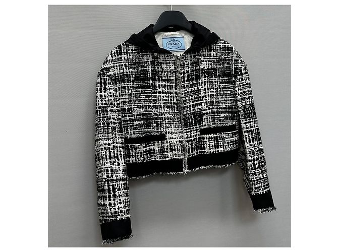 Prada Tweed-Kapuzenjacke mit Dreieckslogo vorne Braun - Ansicht 3