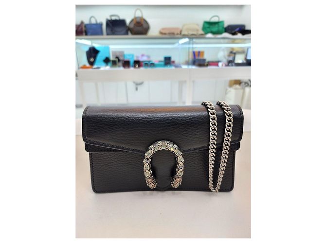 Gucci Mini borsa a tracolla Dionysus in pelle nera con cristalli e catena Nero - vista 10