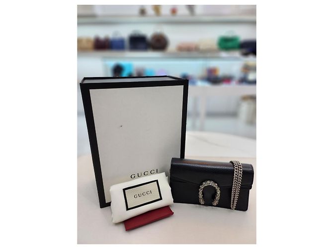 Gucci Mini borsa a tracolla Dionysus in pelle nera con cristalli e catena Nero - vista 9