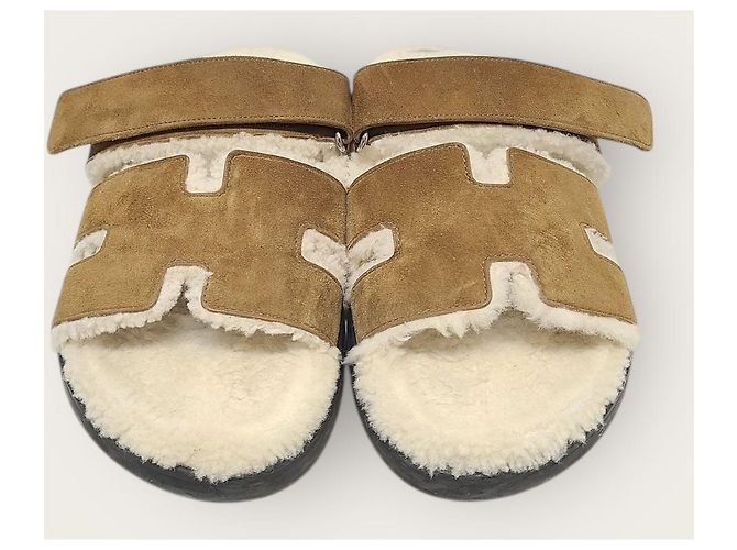 Hermès Sandali Cipree in shearling e scamosciato marrone dorato, pelle di capra - vista 6