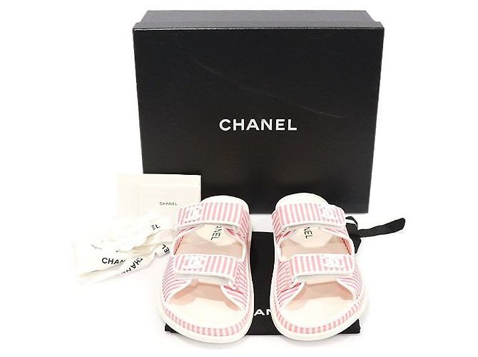 Chanel Mule in cotone a righe bianche e rosa con logo CC e chiusura a strappo da donna Bianco - vista 2