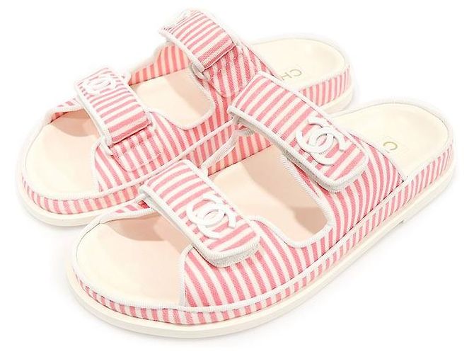 Chanel Mule in cotone a righe bianche e rosa con logo CC e chiusura a strappo da donna Bianco - vista 3