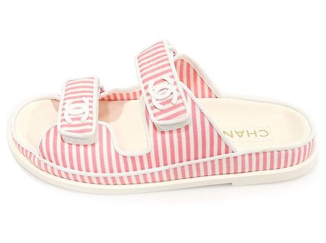 Chanel Mule in cotone a righe bianche e rosa con logo CC e chiusura a strappo da donna Bianco - vista 4