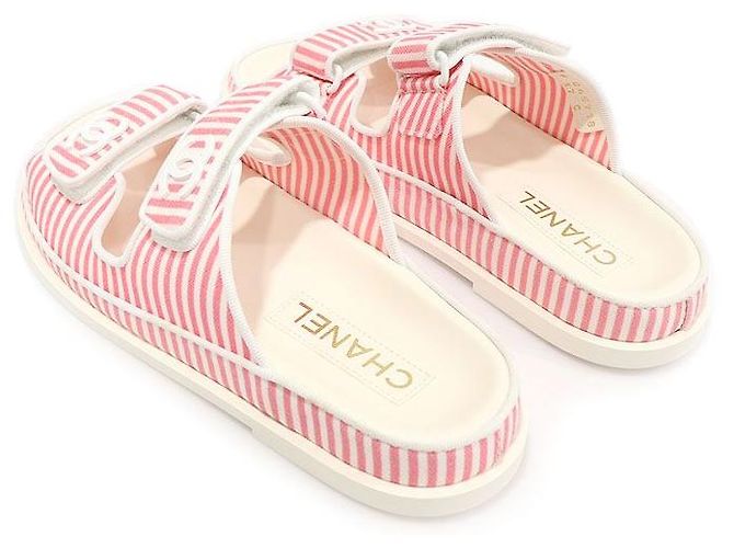 Chanel Mule in cotone a righe bianche e rosa con logo CC e chiusura a strappo da donna Bianco - vista 5
