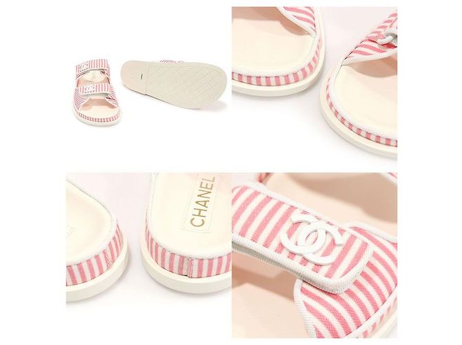 Chanel Mule in cotone a righe bianche e rosa con logo CC e chiusura a strappo da donna Bianco - vista 6