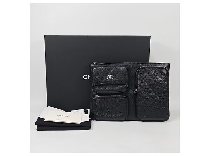 Chanel Clutch in pelle caviar con tasche multiple Nero - vista 2