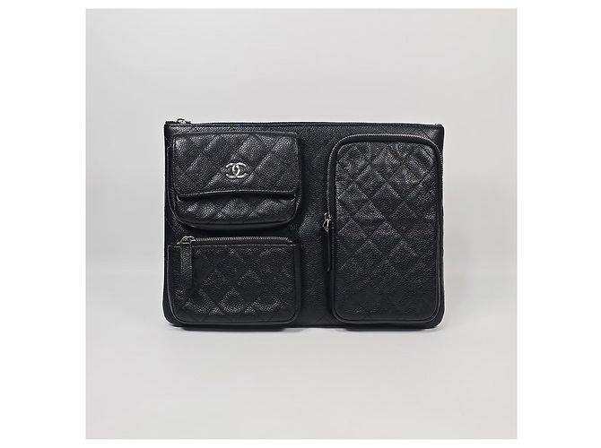 Chanel Clutch in pelle caviar con tasche multiple Nero - vista 3