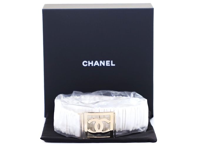 Chanel Cinturón de mujer de piel de cordero blanco con bandas Gold CC - vista 2