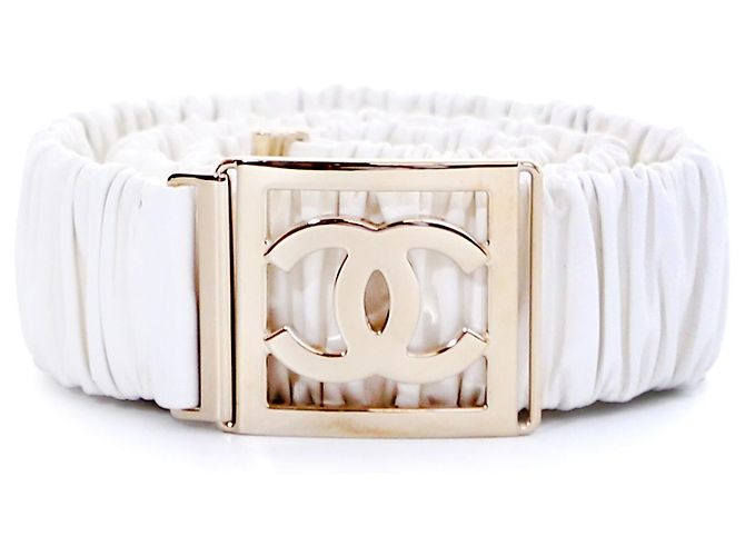 Chanel Cinturón de mujer de piel de cordero blanco con bandas Gold CC - vista 3