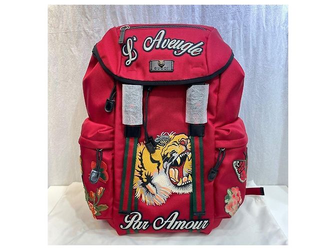 Gucci Tiger Embroidered Techno Canvas Backpack Red - view 2