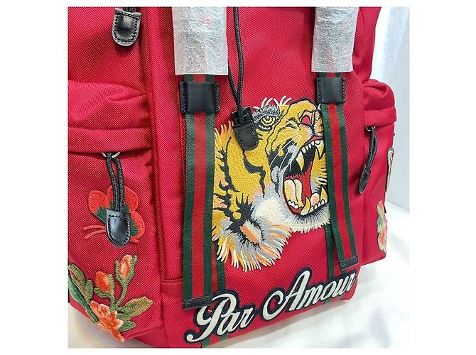 Gucci Tiger Embroidered Techno Canvas Backpack Red - view 3