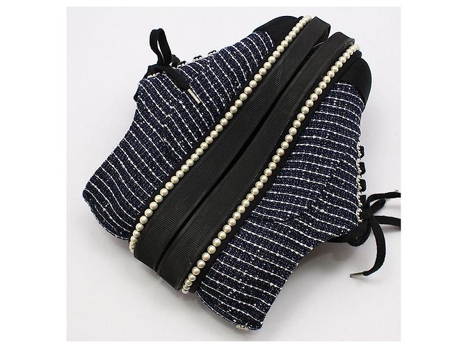 Chanel Sneakers in tweed con lacci di perle Blu - vista 7