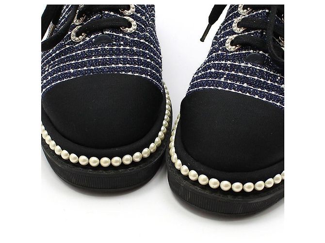 Chanel Sneakers in tweed con lacci di perle Blu - vista 9