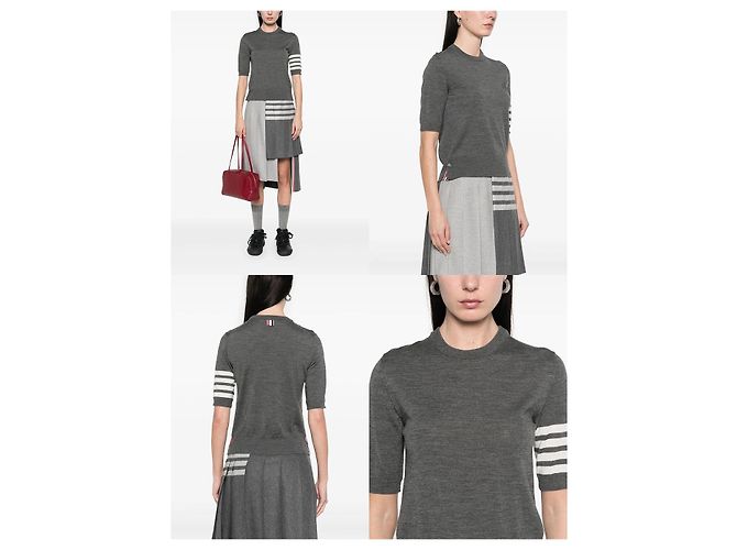 Thom Browne Diagonal gestricktes Kurzarm-Shirt aus Merinowolle Braun - Ansicht 3